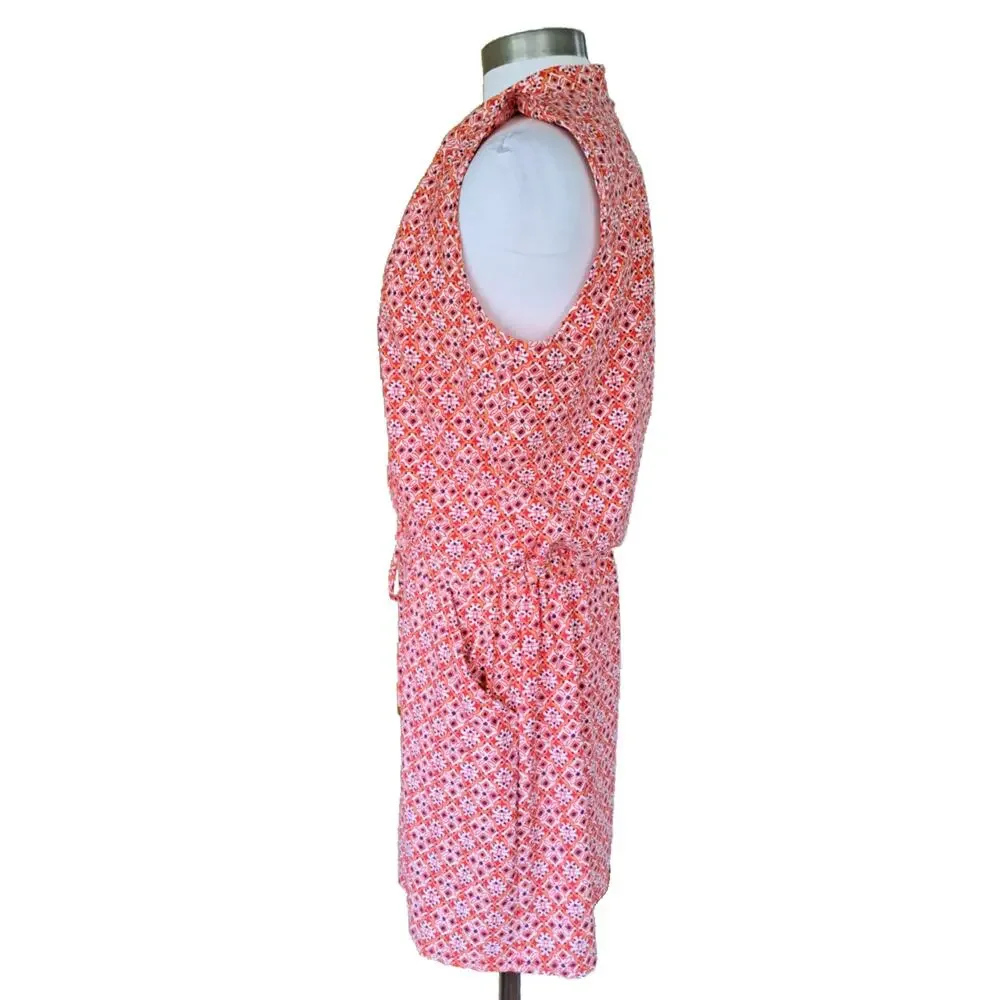 Helen Jon Sanibel Beach Mini Dress Size Large Coral Orange Navy V-neck Pockets - Picture 5 of 13